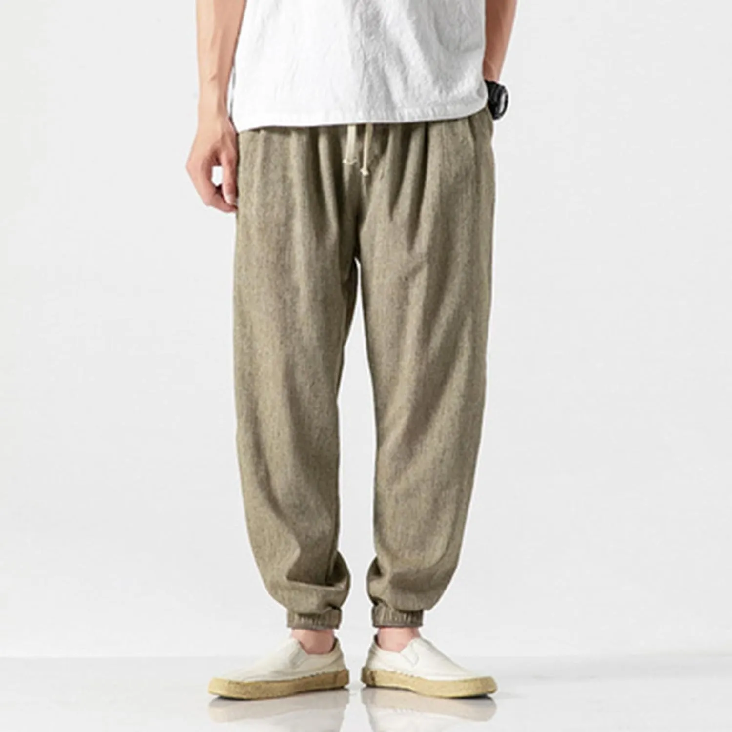 PTOLOCIF Linen Pants Men Harem Drawstring Pants Elastic Waist Lightweight Trouser Hippie Summer Beach Yoga Pants with Pockets
