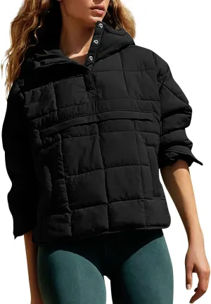 Puffer Pullover Jacket Womens,2024 Button Hooded Quilted Jacket Lightweight Down Coat Packable Oversized Winter Coat