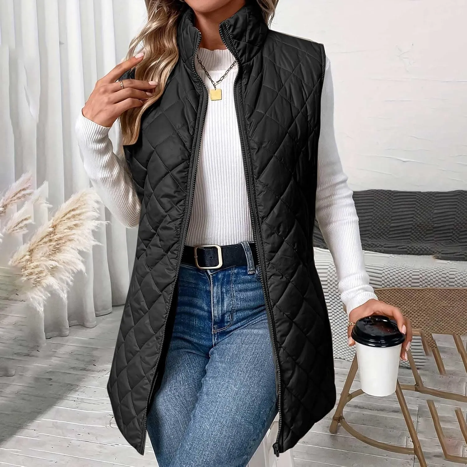 Quilted Vest Women Mid Length Puffer Vest Lightweight Down Jacket Zip up Padded Coat Warm Outerwear Fashion Outfits