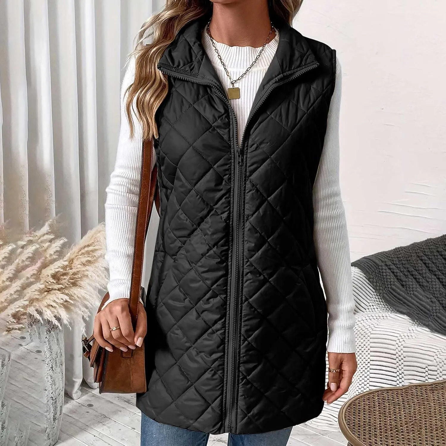 Quilted Vest Women Mid Length Puffer Vest Lightweight Down Jacket Zip up Padded Coat Warm Outerwear Fashion Outfits