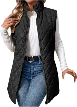 Quilted Vest Women Mid Length Puffer Vest Lightweight Down Jacket Zip up Padded Coat Warm Outerwear Fashion Outfits