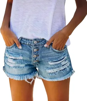 Ripped Jean Shorts Women High Waisted Stretchy Denim Shorts Frayed Raw Hem Distressed Cut Off Short Pants