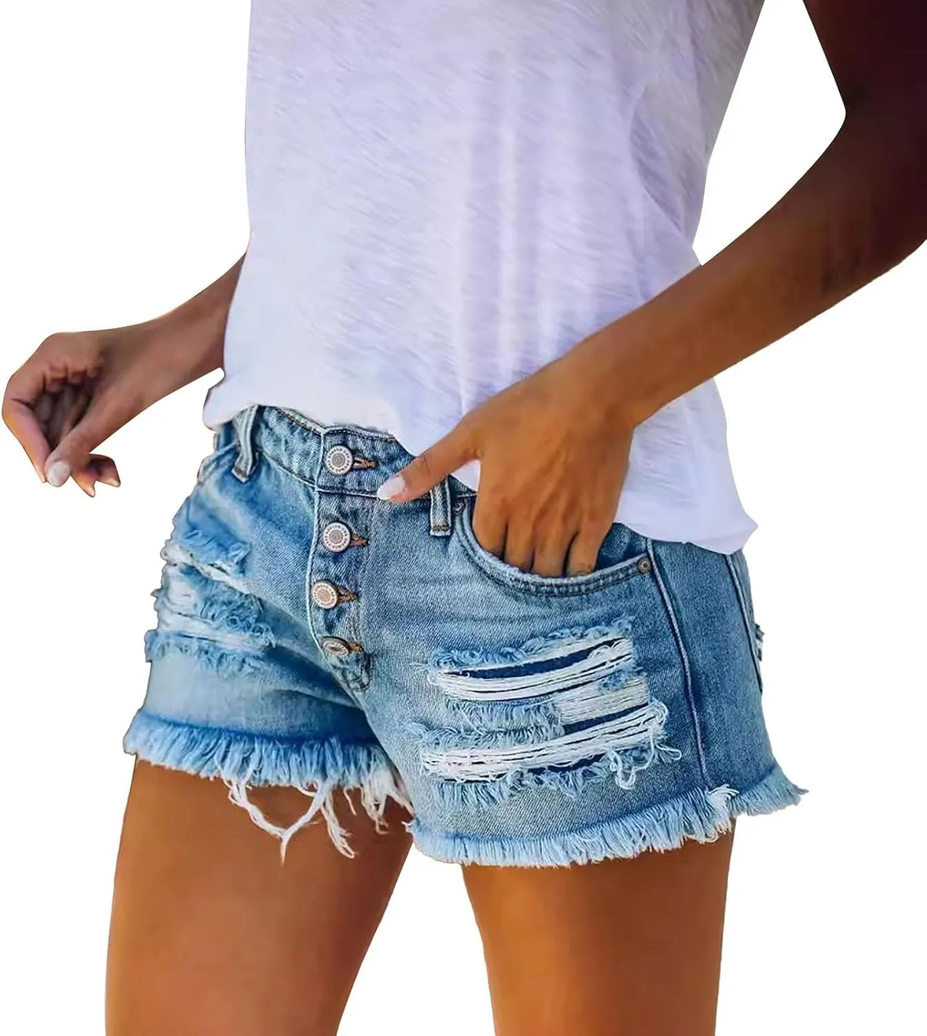 Ripped Jean Shorts Women High Waisted Stretchy Denim Shorts Frayed Raw Hem Distressed Cut Off Short Pants