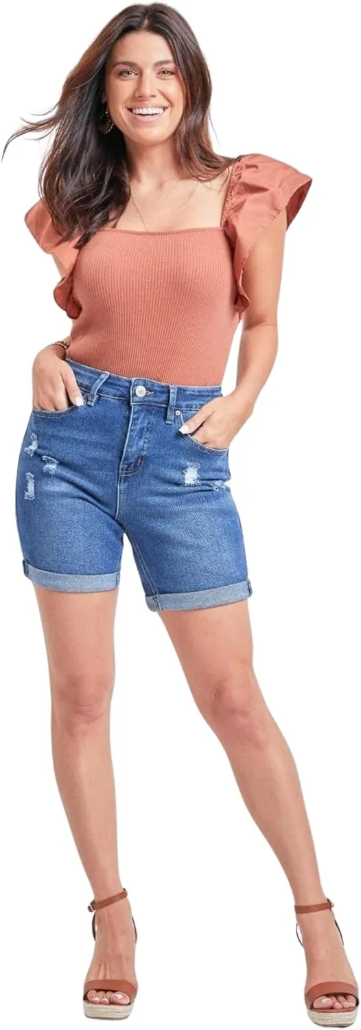 Royalty For Me Womens Women's Vintage High Rise 7" Inseam Roll Cuff Shorts with Lycra