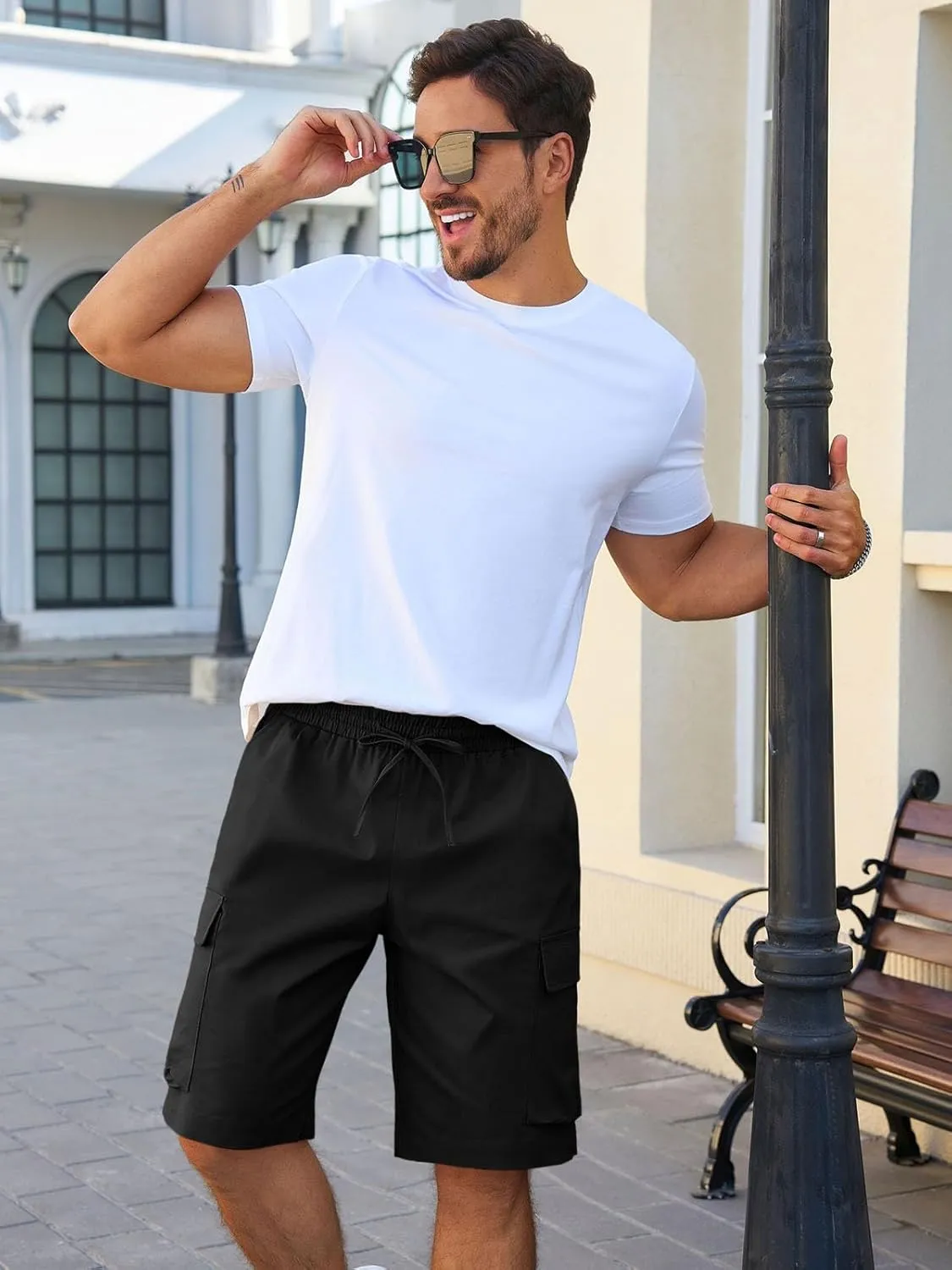 Runcati Mens Cargo Shorts Chino Cotton Drawstring Casual Shorts Summer Twill Outdoor Short Pants