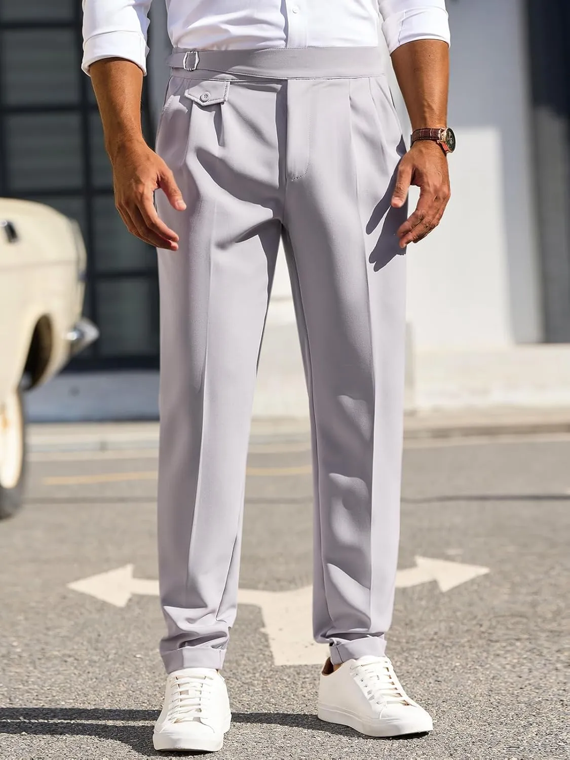 Runcati Mens Classic Fit Dress Pants Pleated Elastic Waist Work Pants Skinny Stretch Business Suit Pants