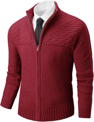 Runcati Mens Zip Up Cardigan Sweater Casual Stand Collar Textured Knit Ribbed Chunky Sweaters