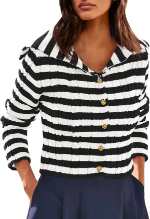 Saodimallsu Womens Striped Sweaters Cropped Collared Cable Knit V Neck Long Sleeve Button Down Fall Cardigans