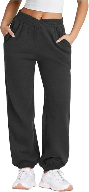 sdbrld Sweatpants Women Baggy Trendy 2024 Fleece Lined Sweats Wide Leg High Waisted Trousers Womens Crossover Lounge Joggers