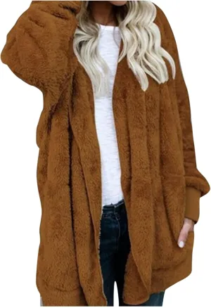 Sherpa Jacket for Women Oversized Fleece Open Front Cardigan with Hooded Fluffy Winter Coats with Pockets