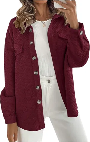 Smoneyful Womens Quilted Lightweight Jackets Casual Long Sleeve Shirts Button Down Loose Fit Coat Lapel Fall Jackets Outwear