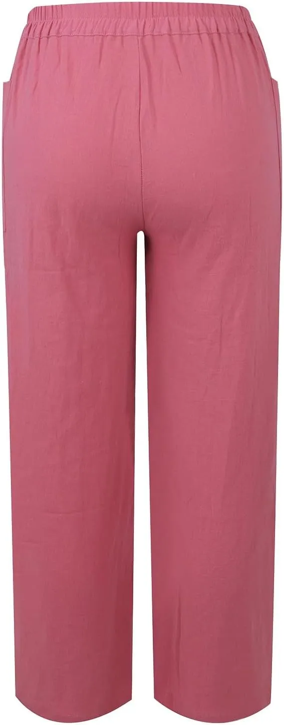 Straight Leg Trousers for Women High Waisted Button Down Linen Pants Vintage Lightweight Solid Dress Pants with Pockets