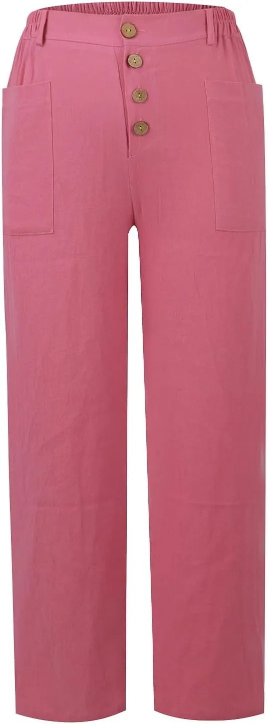 Straight Leg Trousers for Women High Waisted Button Down Linen Pants Vintage Lightweight Solid Dress Pants with Pockets