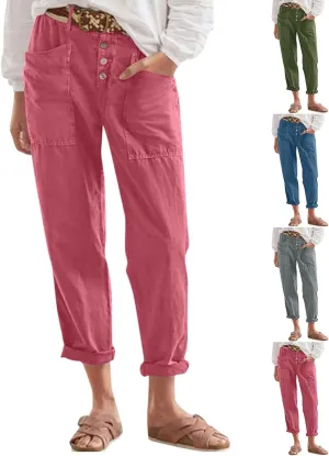 Straight Leg Trousers for Women High Waisted Button Down Linen Pants Vintage Lightweight Solid Dress Pants with Pockets