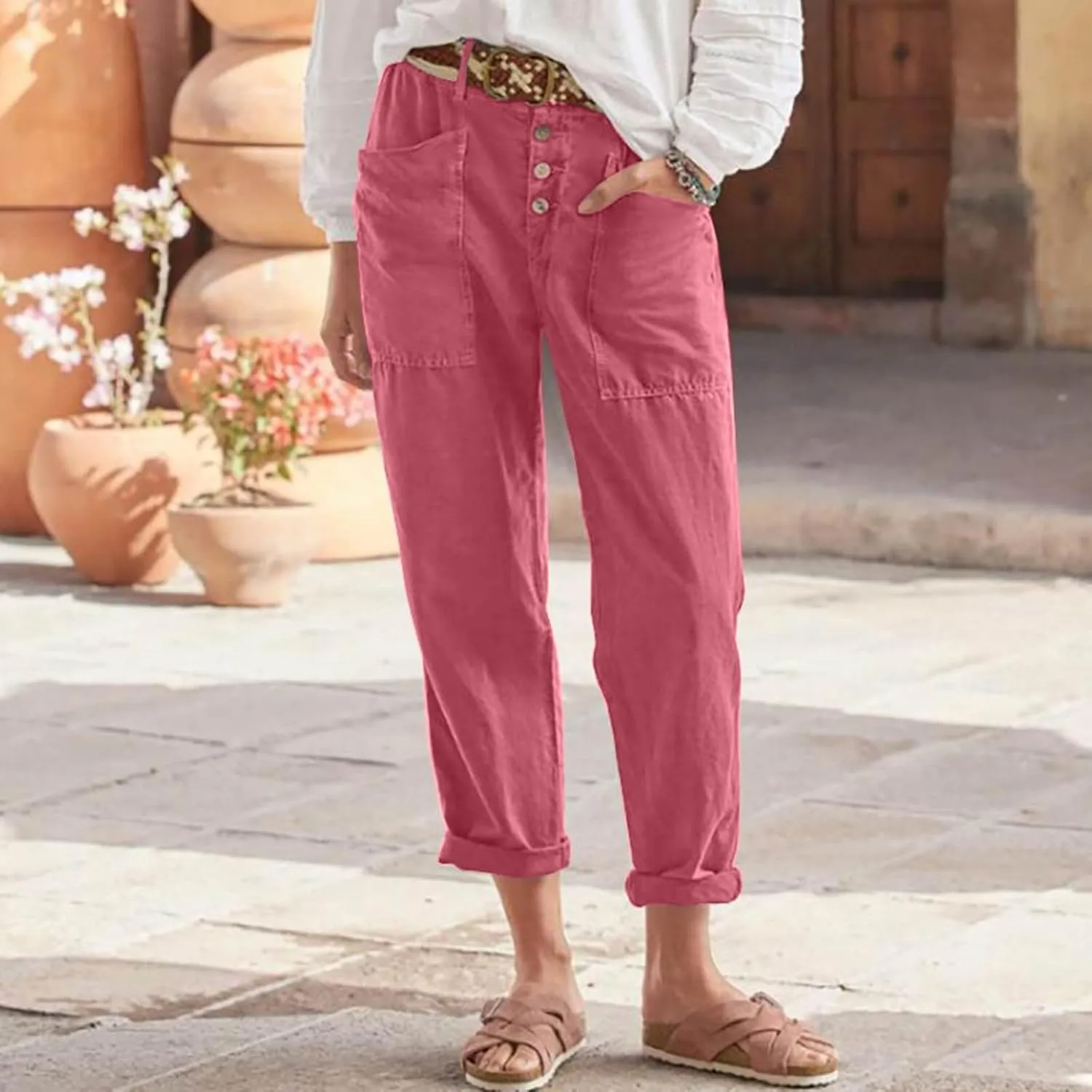 Straight Leg Trousers for Women High Waisted Button Down Linen Pants Vintage Lightweight Solid Dress Pants with Pockets