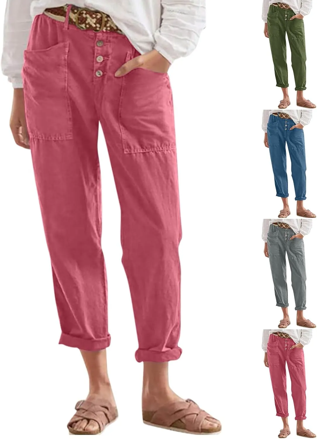 Straight Leg Trousers for Women High Waisted Button Down Linen Pants Vintage Lightweight Solid Dress Pants with Pockets