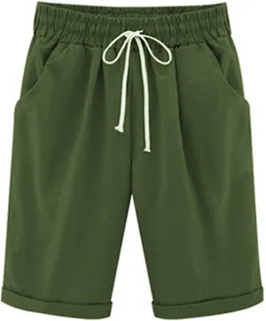 Summer Knee Length Shorts for Women Cotton Linen Bermuda Shorts Elastic Waist Workout Shorts Loose Beach Shorts, Blue