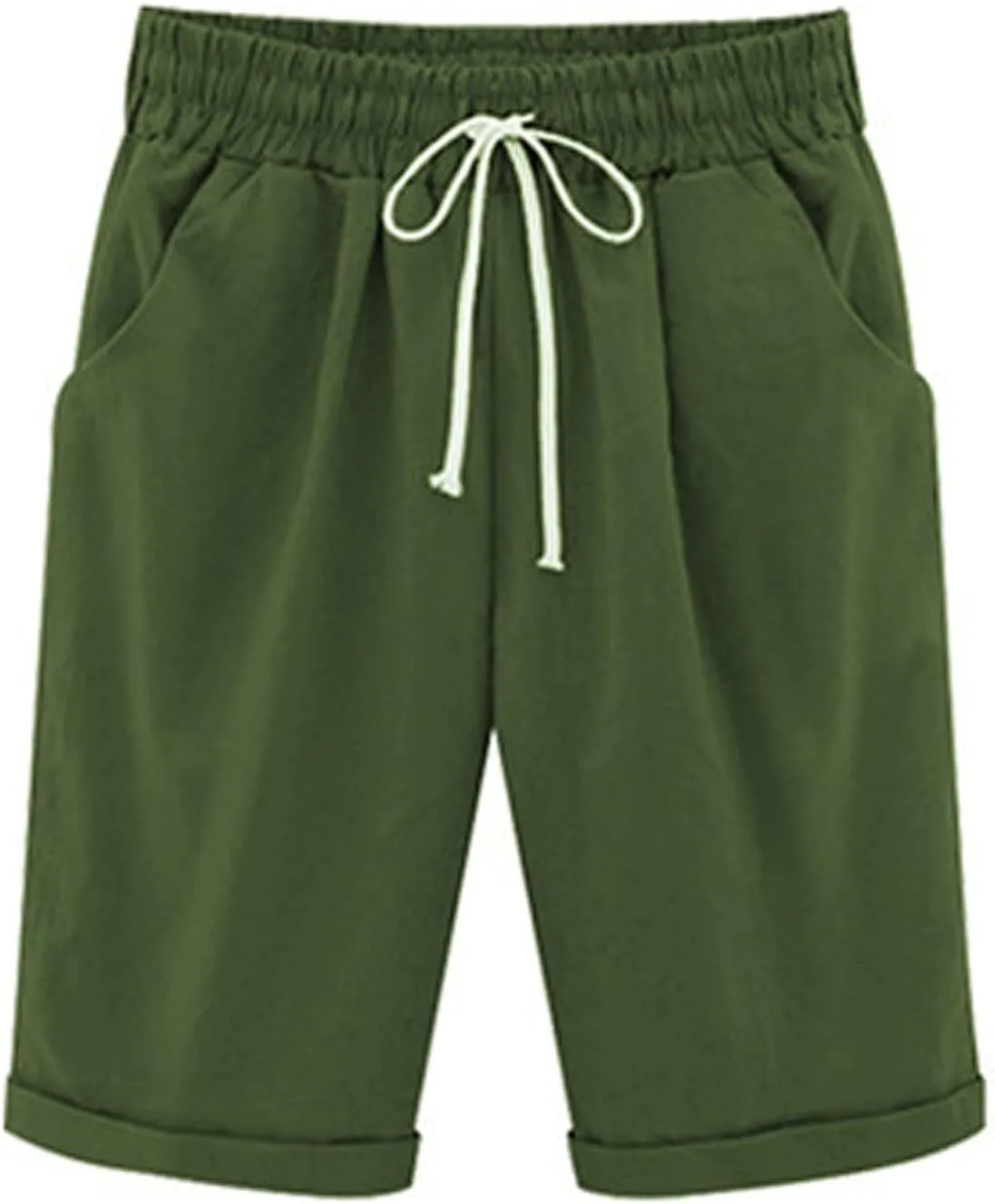 Summer Knee Length Shorts for Women Cotton Linen Bermuda Shorts Elastic Waist Workout Shorts Loose Beach Shorts, Blue