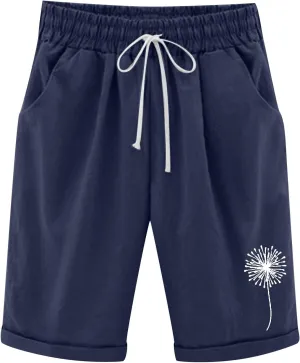 Summer Knee Length Shorts for Women Cotton Linen Bermuda Shorts Elastic Waist Workout Shorts Loose Beach Shorts, Blue