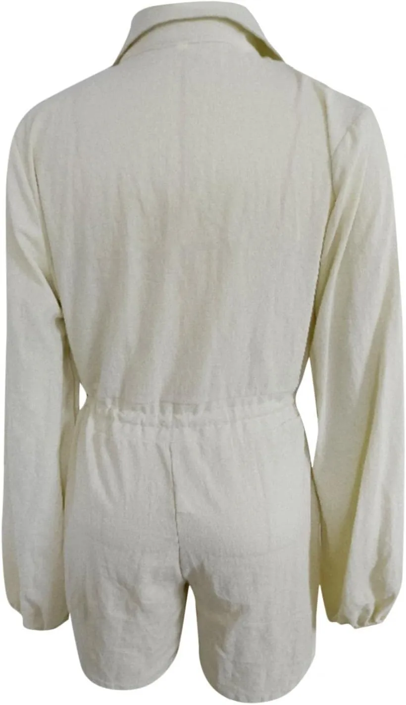 Summer Long Sleeve Button Down Pockets Shorts Rompers Drawstring Loose Casual Beach Linen Jumpsuits Pajamas