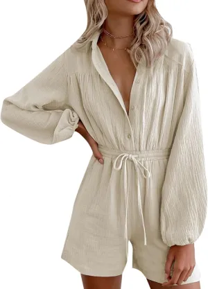 Summer Long Sleeve Button Down Pockets Shorts Rompers Drawstring Loose Casual Beach Linen Jumpsuits Pajamas