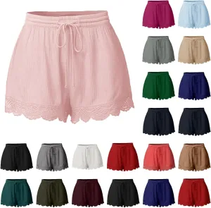 Summer Shorts for Women Elastic Waist Drawstring Lace Trim Pleated Beach Shorts Comfy Loose Lightweight Casual Shorts