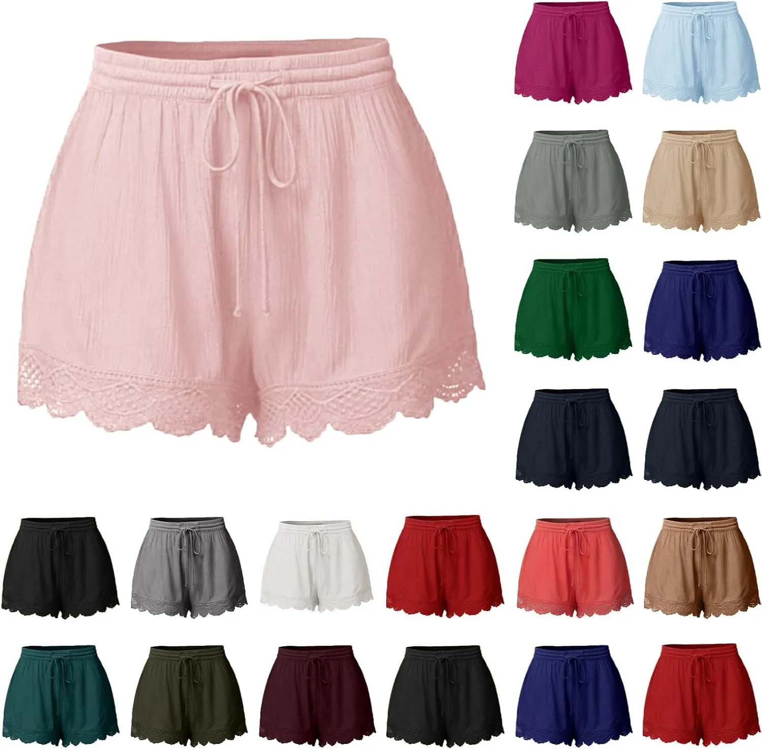 Summer Shorts for Women Elastic Waist Drawstring Lace Trim Pleated Beach Shorts Comfy Loose Lightweight Casual Shorts