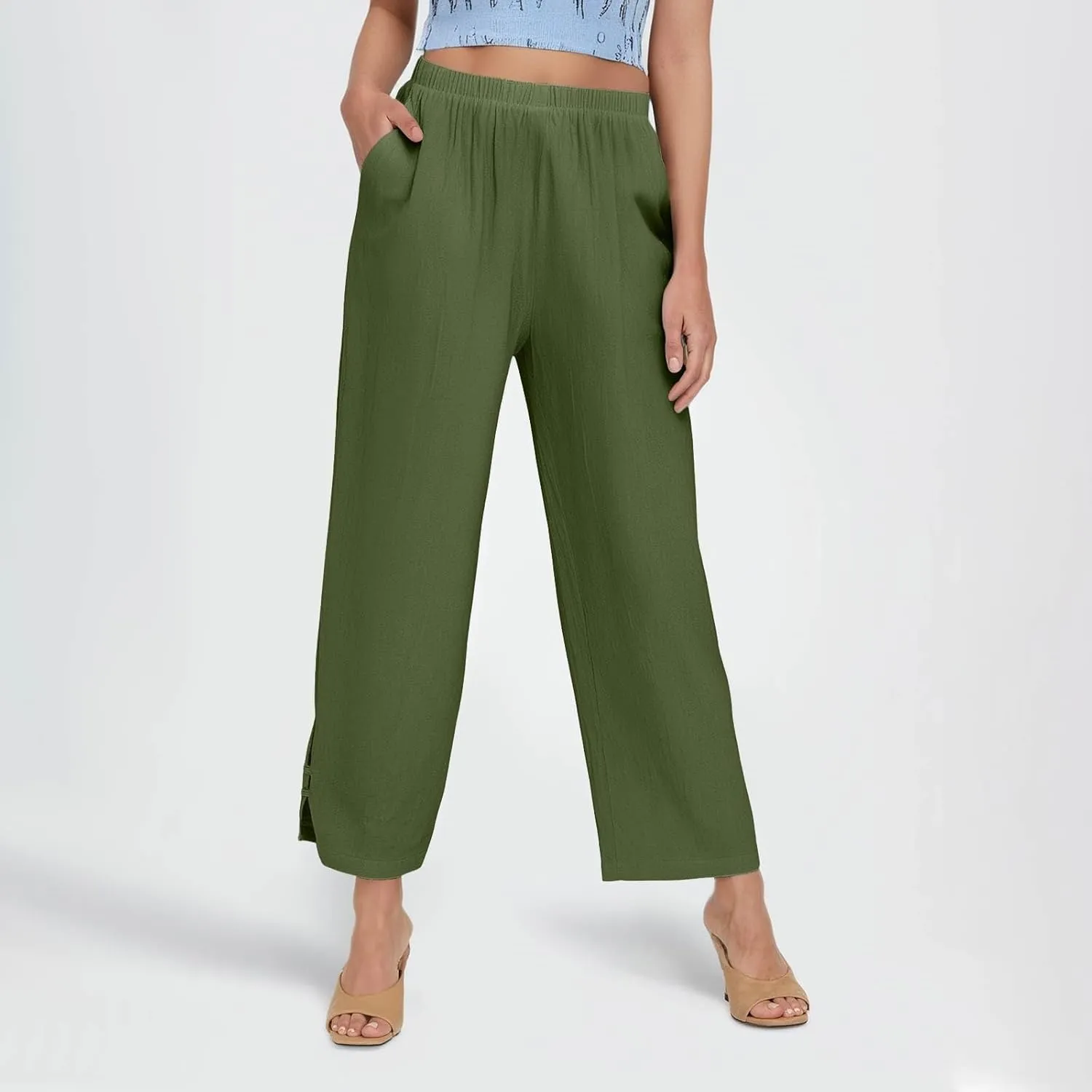 Summer Travel Pants Women Cotton Linen Flowy Wide Leg High Waist Trouser Pants Trendy Drawstring Clothes with Pockets