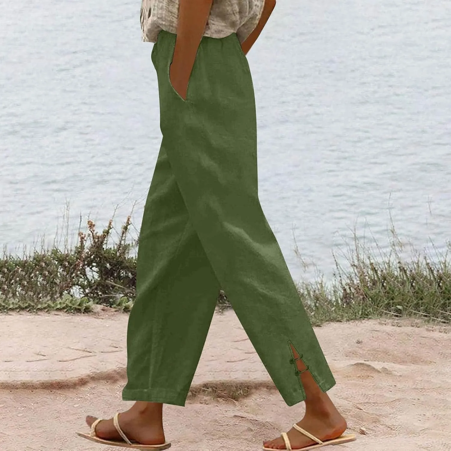 Summer Travel Pants Women Cotton Linen Flowy Wide Leg High Waist Trouser Pants Trendy Drawstring Clothes with Pockets
