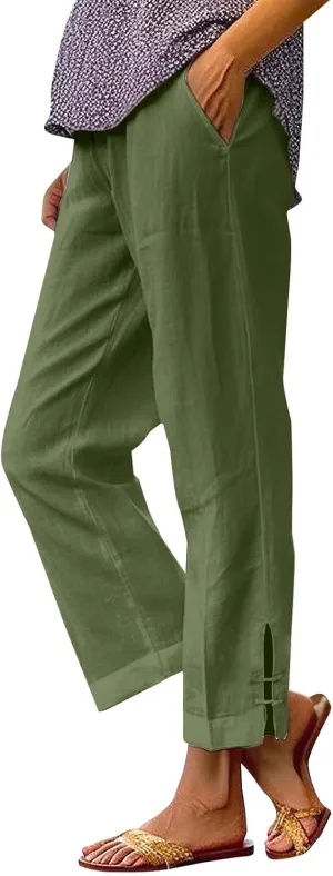 Summer Travel Pants Women Cotton Linen Flowy Wide Leg High Waist Trouser Pants Trendy Drawstring Clothes with Pockets