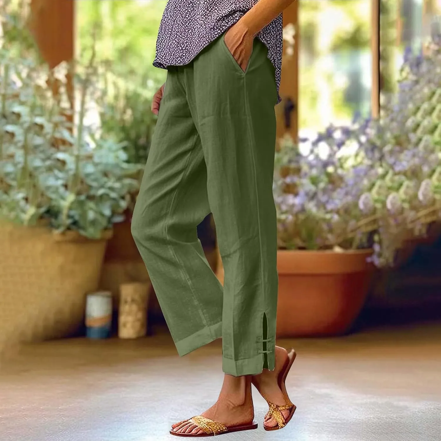 Summer Travel Pants Women Cotton Linen Flowy Wide Leg High Waist Trouser Pants Trendy Drawstring Clothes with Pockets