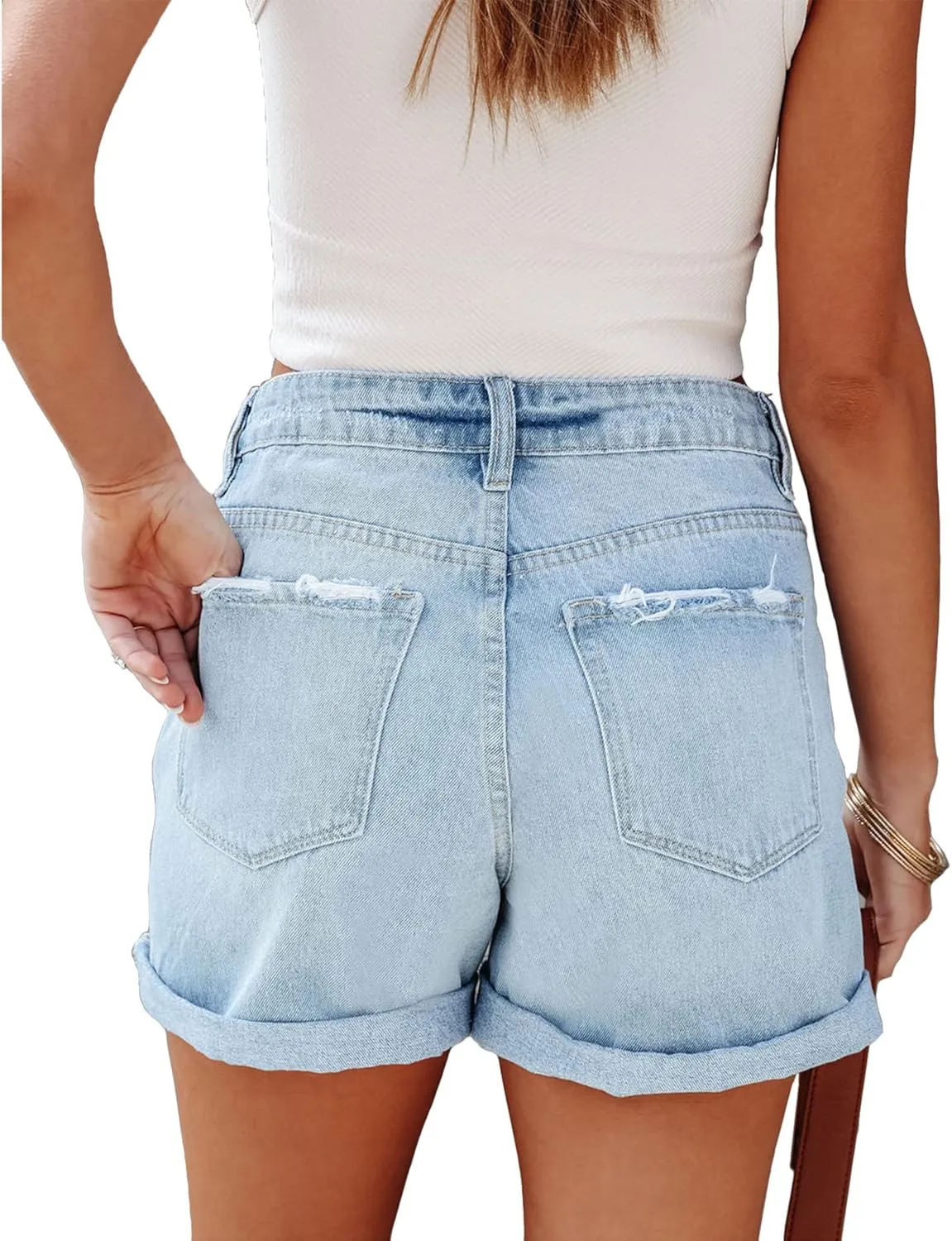 Susupeng Women High Rise Stretchy Distressed Denim Shorts Sexy Ripped Cuffed Trim Jean Mom Shorts