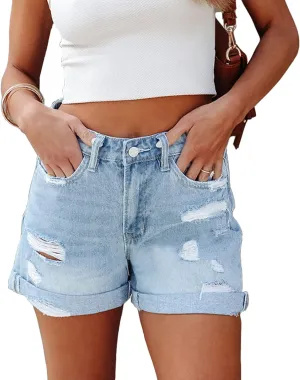 Susupeng Women High Rise Stretchy Distressed Denim Shorts Sexy Ripped Cuffed Trim Jean Mom Shorts