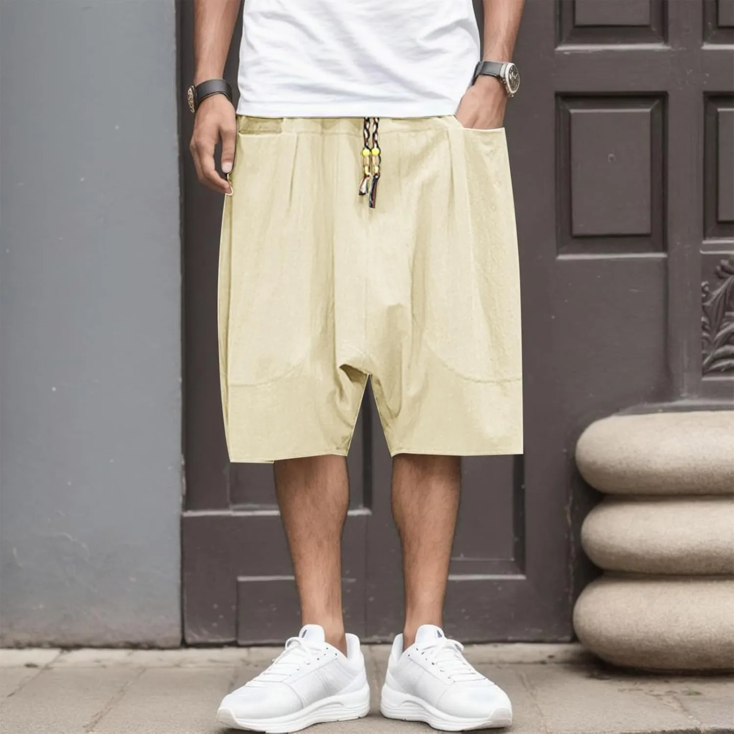 SUWBMHWE Biking Shorts for Men, Mens Summer Fashion Casual Cotton Cropped Pants Loose Low Crotch Harem Pants