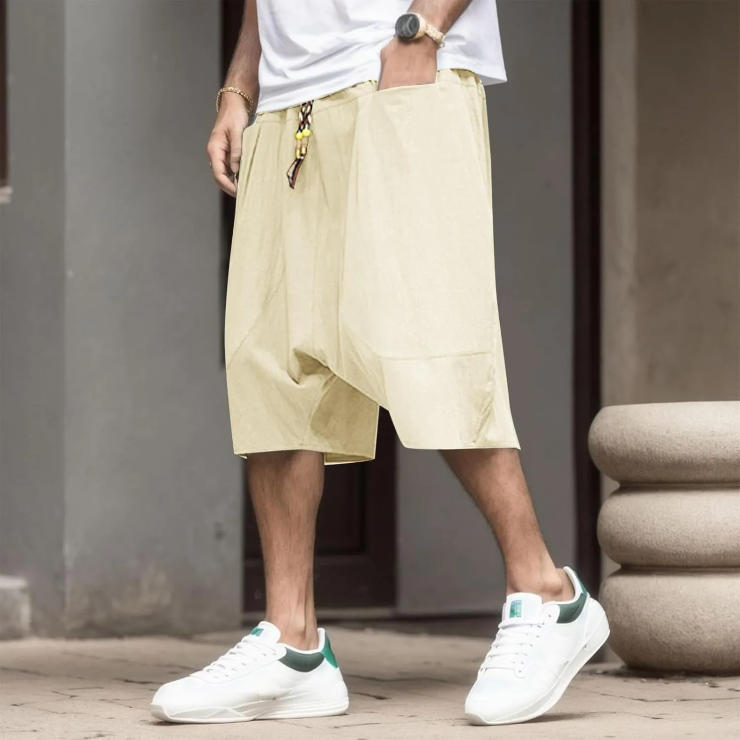 SUWBMHWE Biking Shorts for Men, Mens Summer Fashion Casual Cotton Cropped Pants Loose Low Crotch Harem Pants