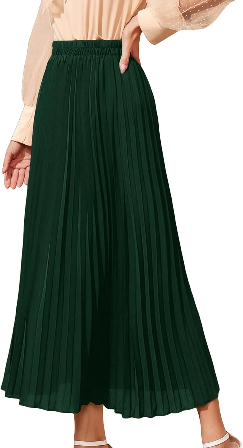 SweatyRocks Women's Casual Solid Longline Pleated Long Skirt