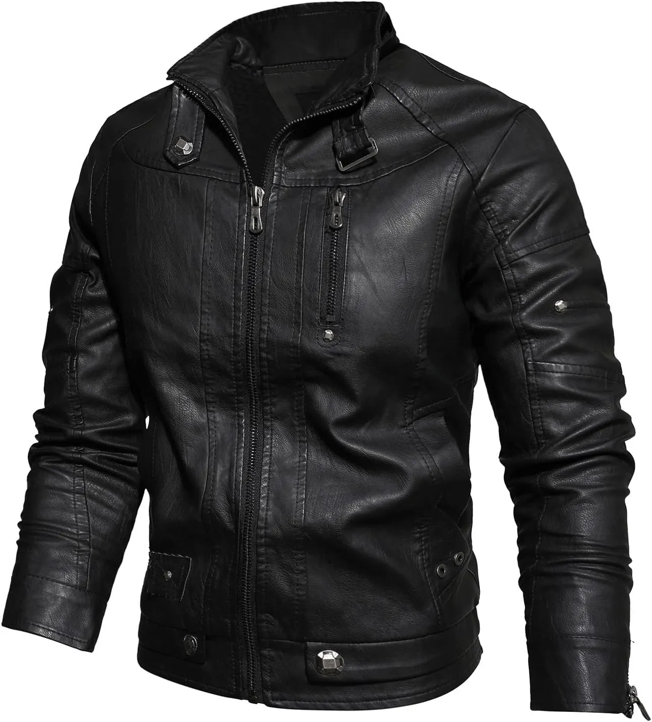 tuduoms Fleece Lined Moto Leather Jacket Men's Warm Winter Slim Fit Biker Coat Motorcycle Lapel Zip Up Sports Parka Jacket