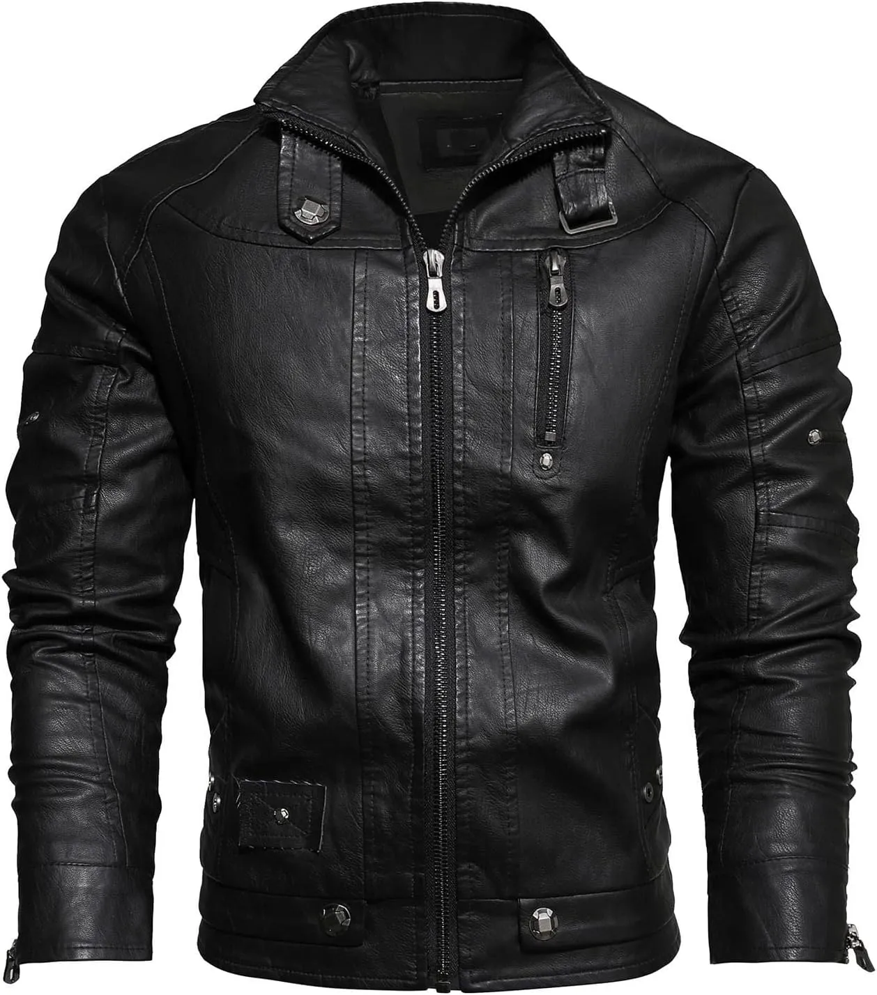 tuduoms Fleece Lined Moto Leather Jacket Men's Warm Winter Slim Fit Biker Coat Motorcycle Lapel Zip Up Sports Parka Jacket