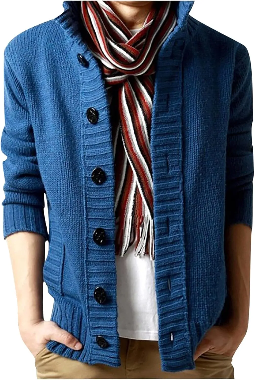 tuduoms Men's Chunky Cardigan Sweaters Slim Fit Button Cable Knit Sweater Stand Collar Winter Fashion Cardigans with Pockets