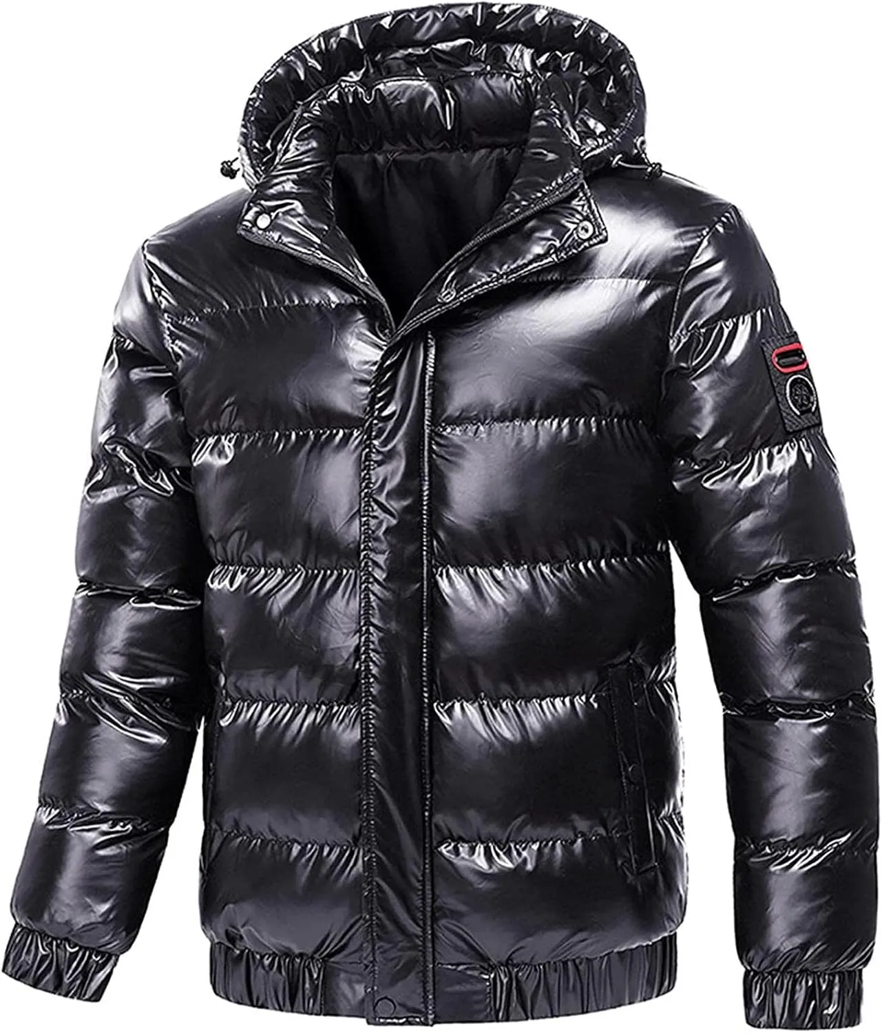 tuduoms Men's Retro Bubble Puffer Jacket Hooded Full Zip Metallic Shiny Puffy Down Coat Warm Winter Outwear Mountain Parkas
