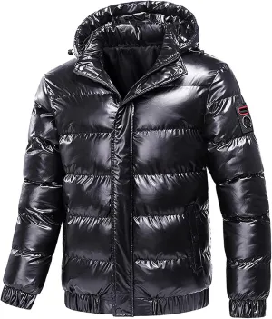 tuduoms Men's Retro Bubble Puffer Jacket Hooded Full Zip Metallic Shiny Puffy Down Coat Warm Winter Outwear Mountain Parkas