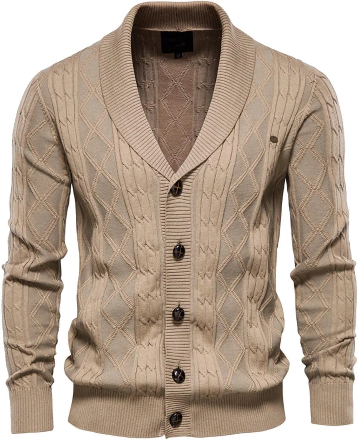 tuduoms Mens Shawl Collar Cardigan Sweater Argyle Cable Knitted Casual Winter Lightweight Button Down Thermal Chunky Sweater