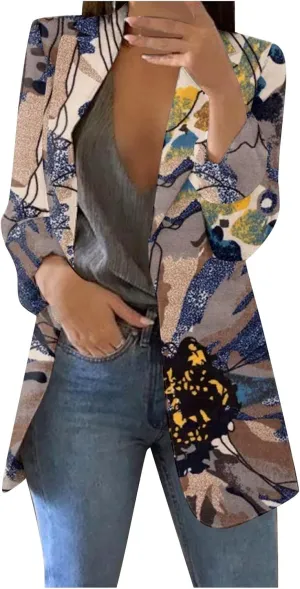 Tunic formals Fall Blazer Ladies Basic Long Sleeve Print Cosy Trench Coat Female Button-Down Lapel