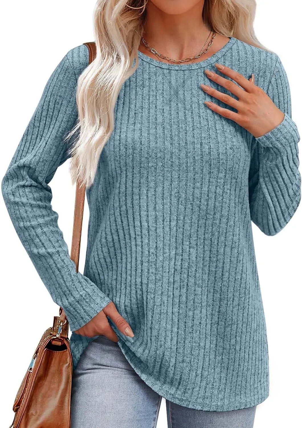 Tunic Sweaters for Women Crewneck Long Sleeve Shirts Lightweight Sweater Baggy Cute Cotton Knit Blouse Fall Clothes