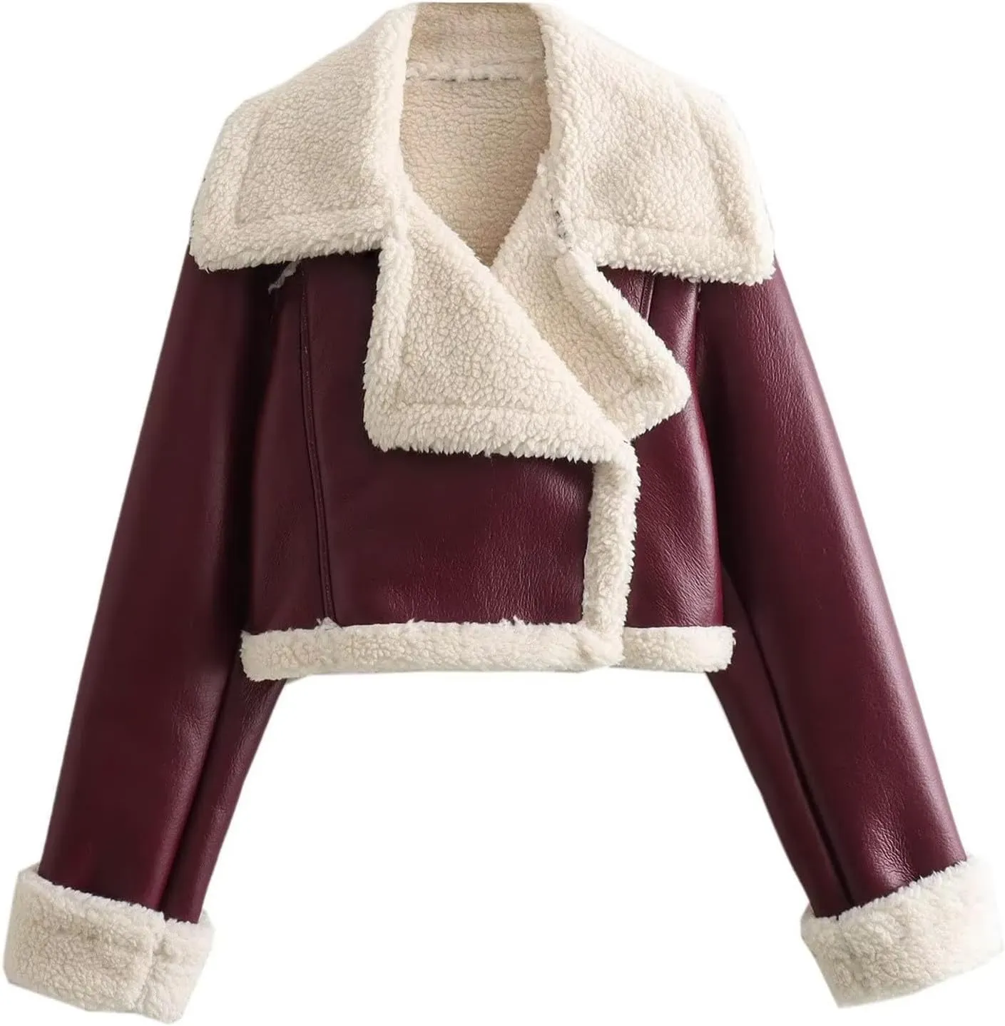 Uillui Womens Winter Jacket Short Sherpa-Lined Leather Motor Coat Cropped Zipper Biker Jacket Warm Fur Shearling Bomber Coat