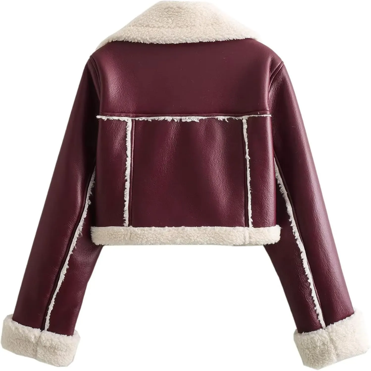 Uillui Womens Winter Jacket Short Sherpa-Lined Leather Motor Coat Cropped Zipper Biker Jacket Warm Fur Shearling Bomber Coat