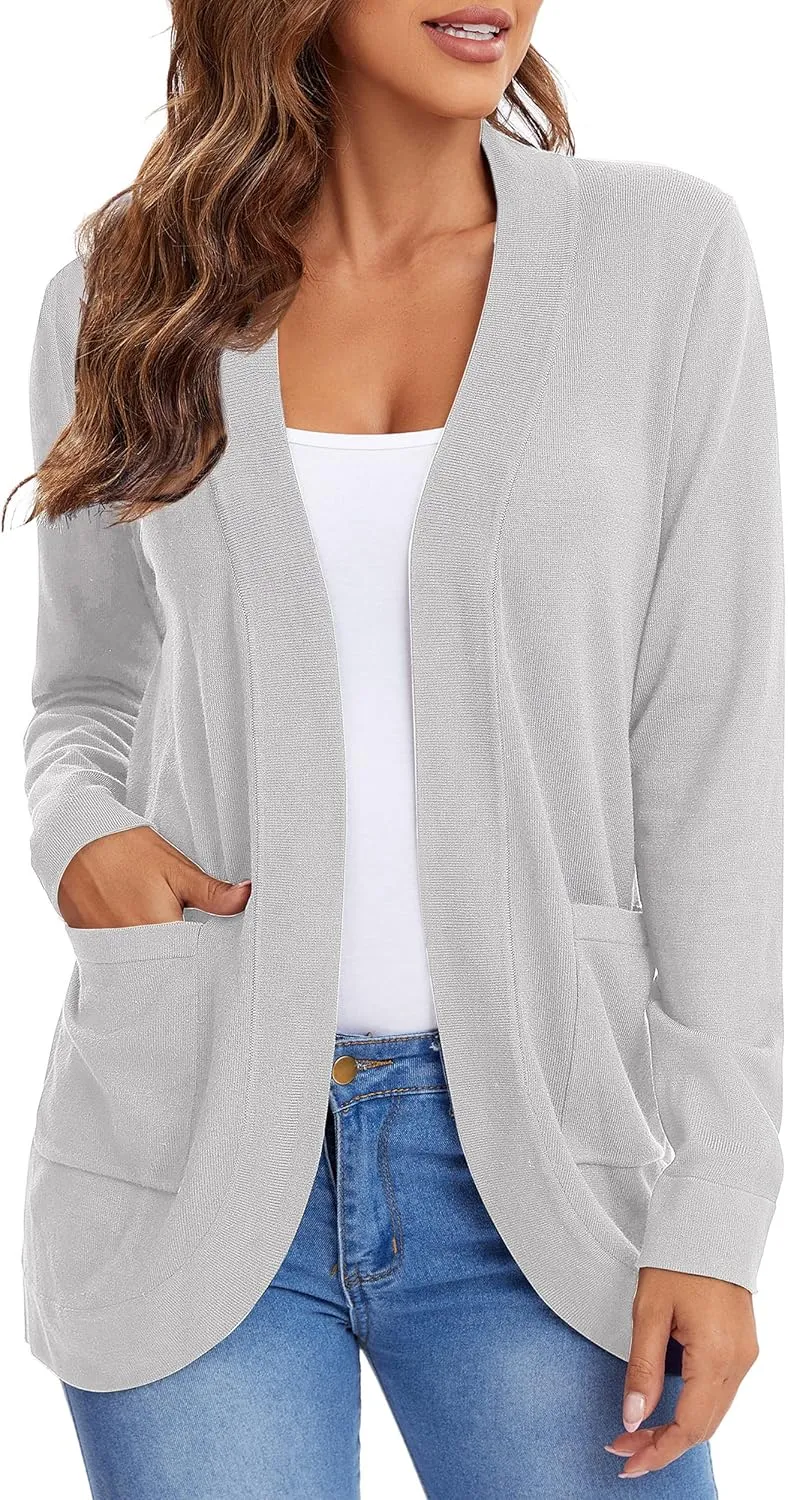 Urban CoCo Women's Long Sleeve Knit Sweater Cardigans Curved Hem Open Front with Pockets