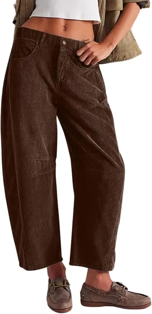 Wide Leg Corduroy Pants Women Baggy Cropped Low Rise Ankle Pants Casual Soft Button Fly Barrel Pants with Pockets
