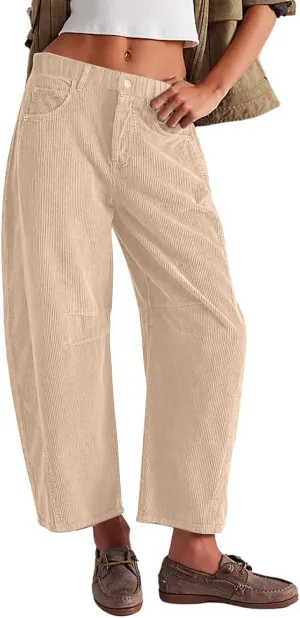 Wide Leg Corduroy Pants Women Baggy Cropped Low Rise Ankle Pants Casual Soft Button Fly Barrel Pants with Pockets