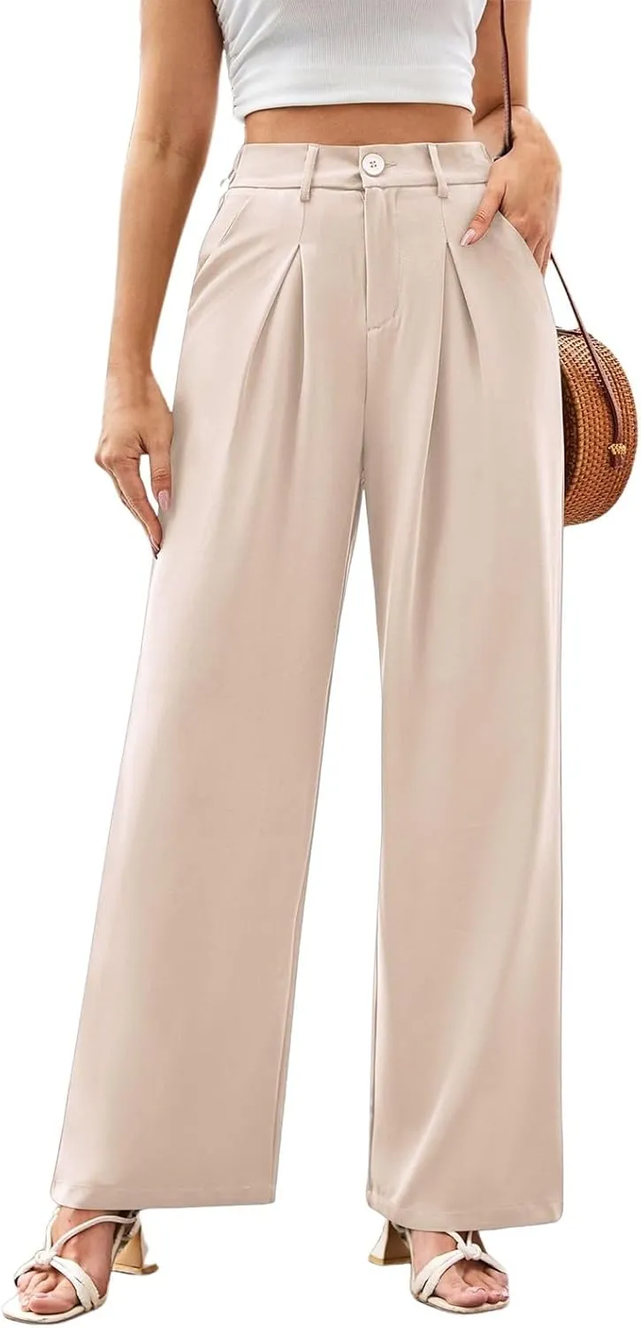 Wide Leg Dress Pants Women High Waisted Stretchy Pull On Work Pants Business Casual Office Slacks with Pockets